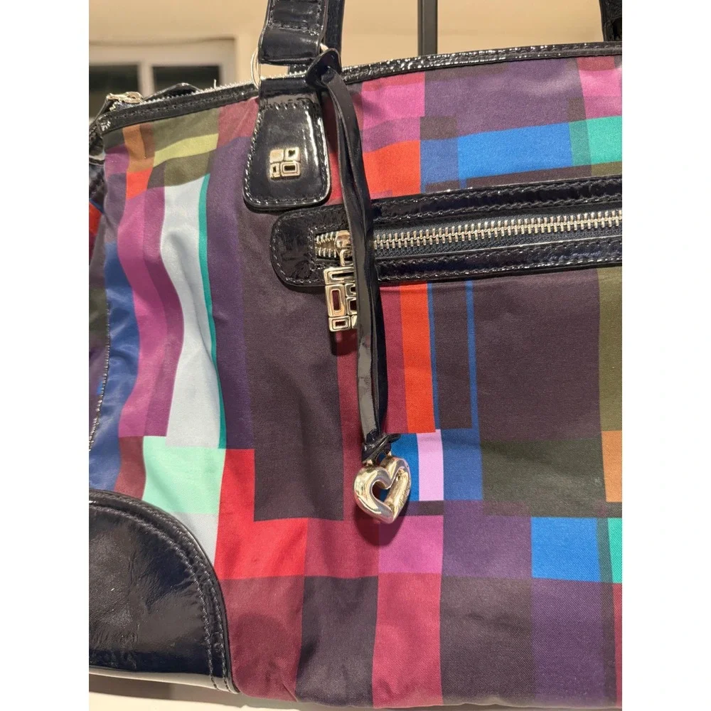 Brighton Multicolor Geometric Nylon Satchel Patent Trim Crossbody Bag